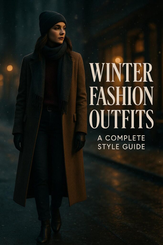 Stylish woman in layered winter fashion outfit walking through snowy city street at dusk