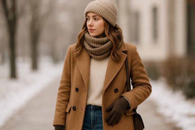 woman in cozy winter fashion outfit wearing a long camel coat, knit sweater, jeans and ankle boots on a city street
