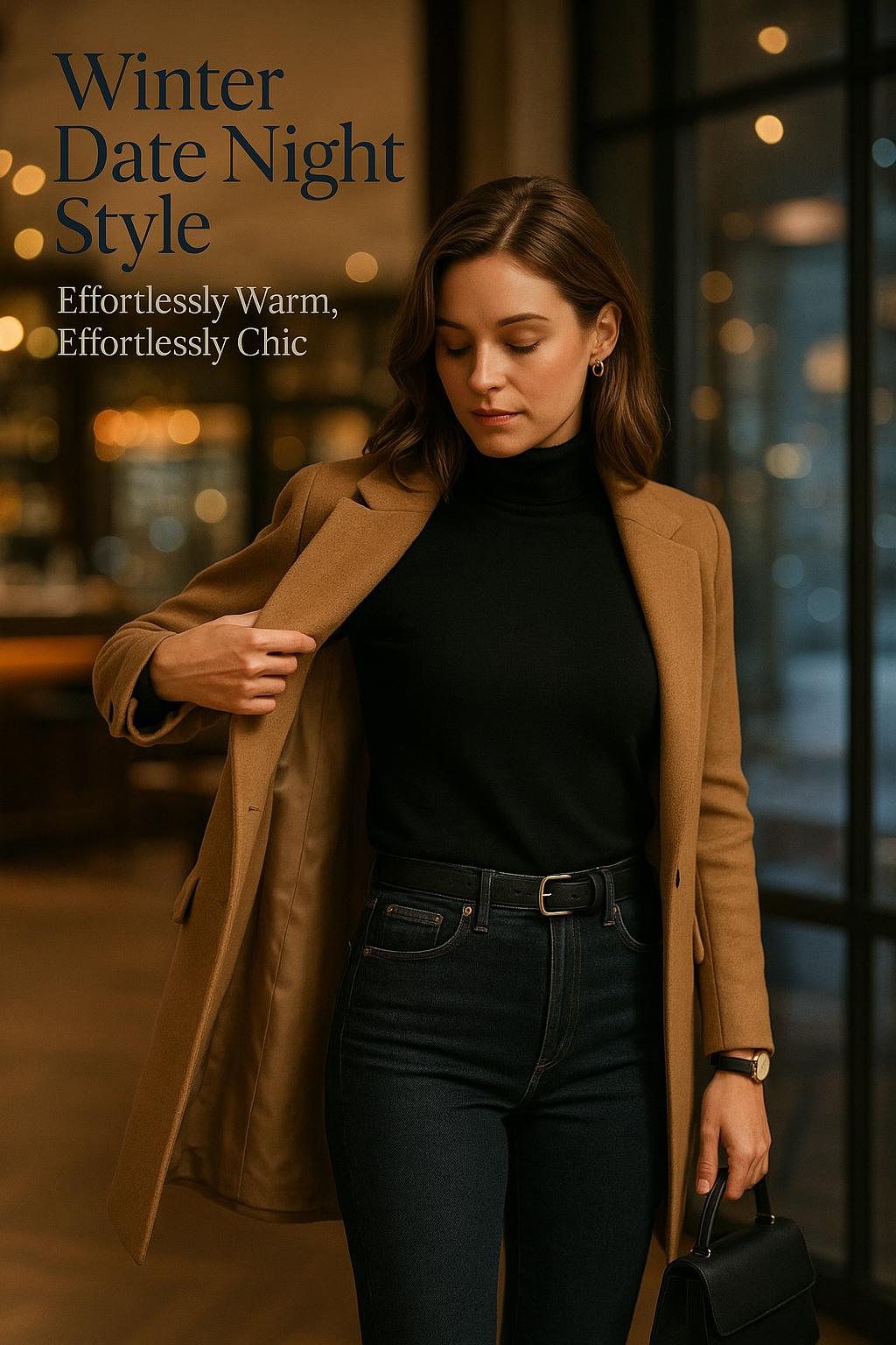 Chic winter date night outfit with camel coat, black turtleneck and dark jeans in upscale restaurant
