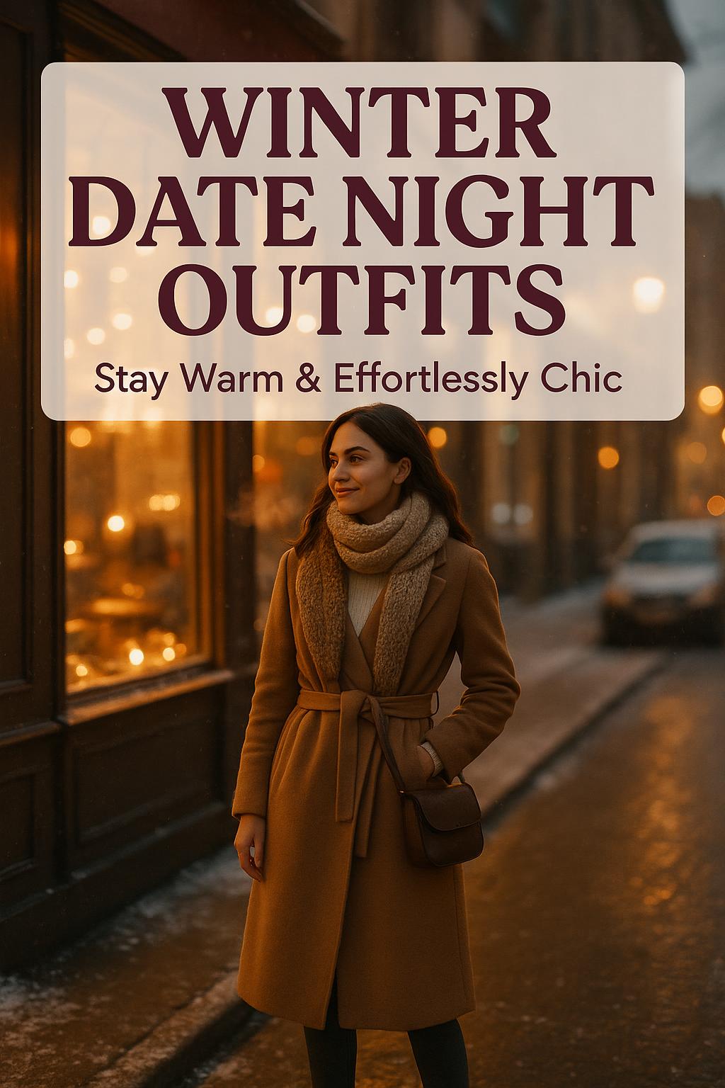 Stylish woman in camel coat and jeans outside a cozy winter café at dusk, showcasing chic winter date night outfit