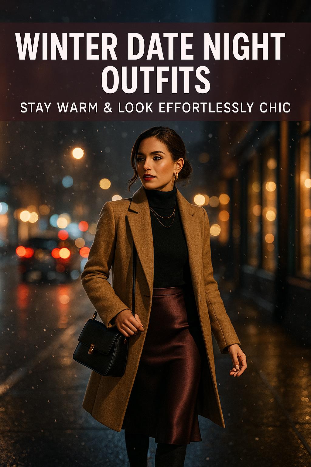 Chic winter date night outfit with camel coat, satin midi skirt, and boots on a snowy city street