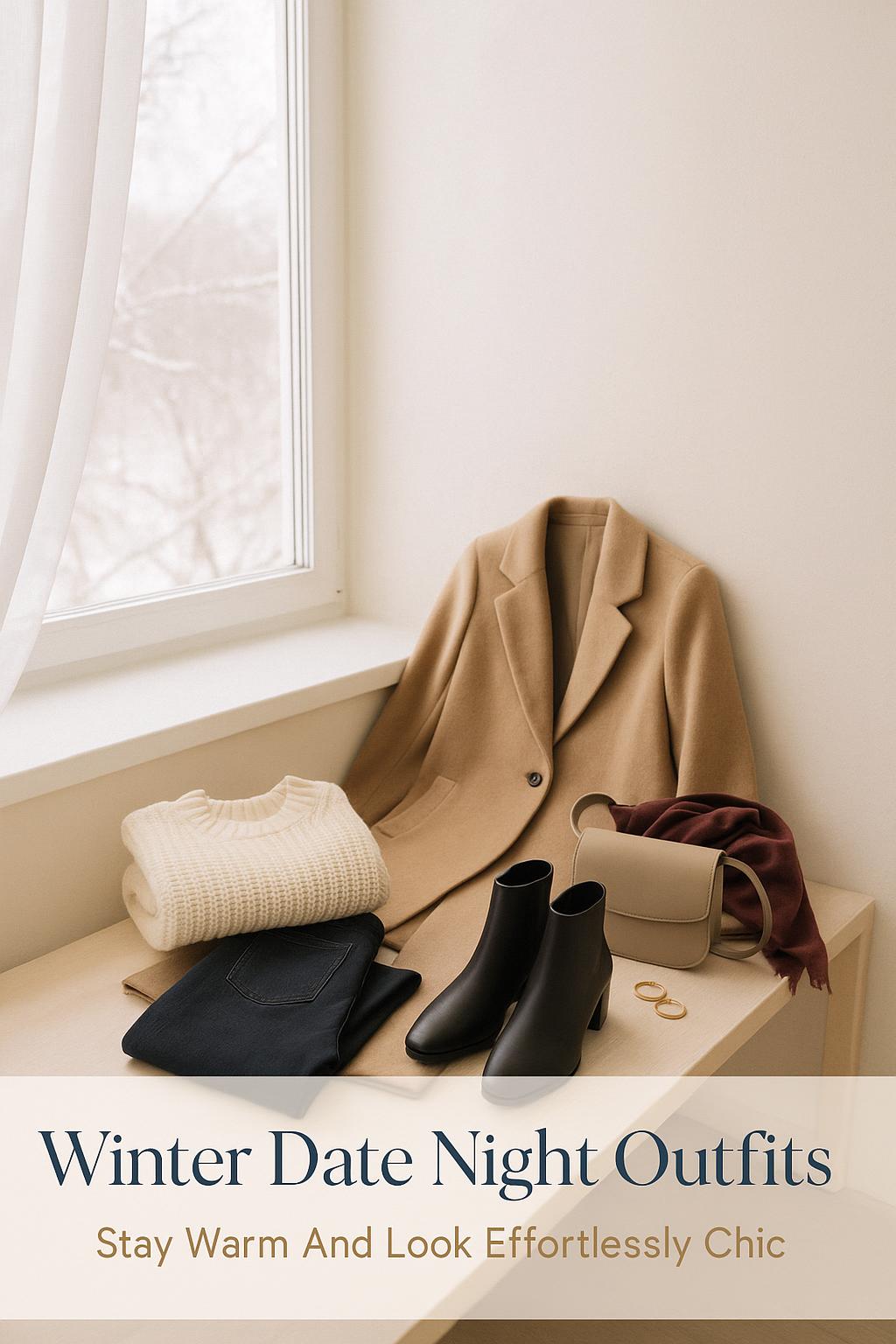 Curated winter date night outfit with camel coat, cream sweater, dark jeans and boots by a bright window