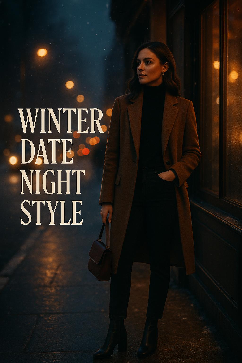 chic winter date night outfit with camel coat, black turtleneck and ankle boots in moody city street