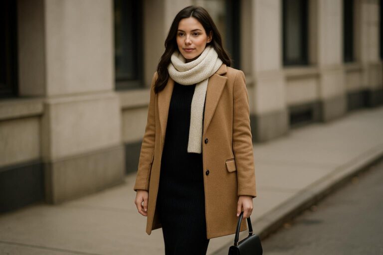 chic winter date night outfit with wool coat, knit dress and knee-high boots on city street