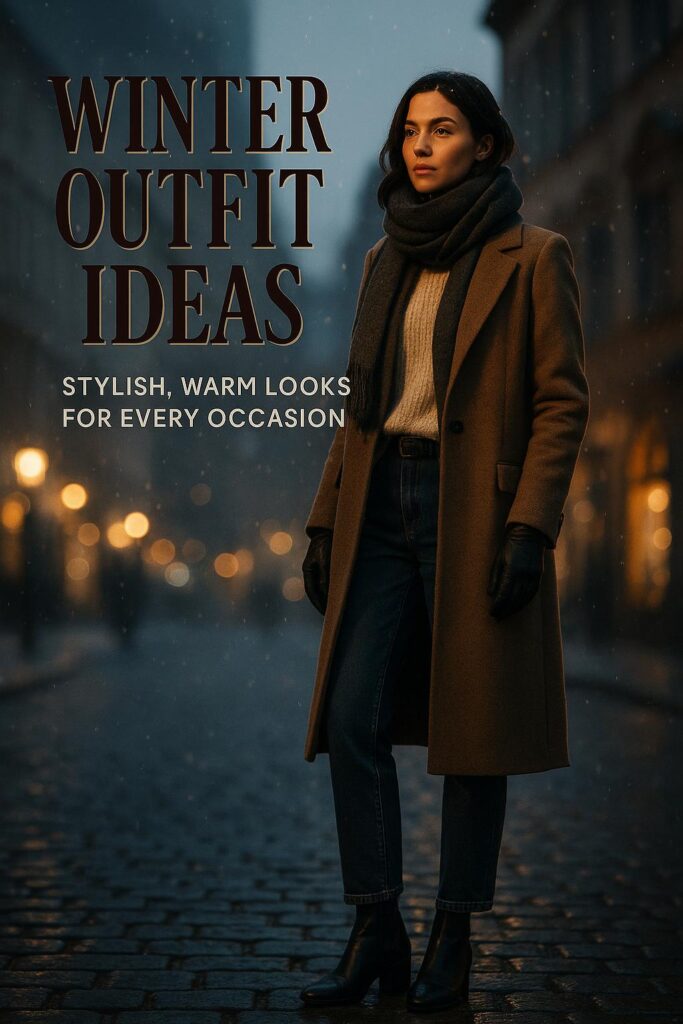 stylish winter outfit ideas with camel coat and jeans on snowy European city street at dusk