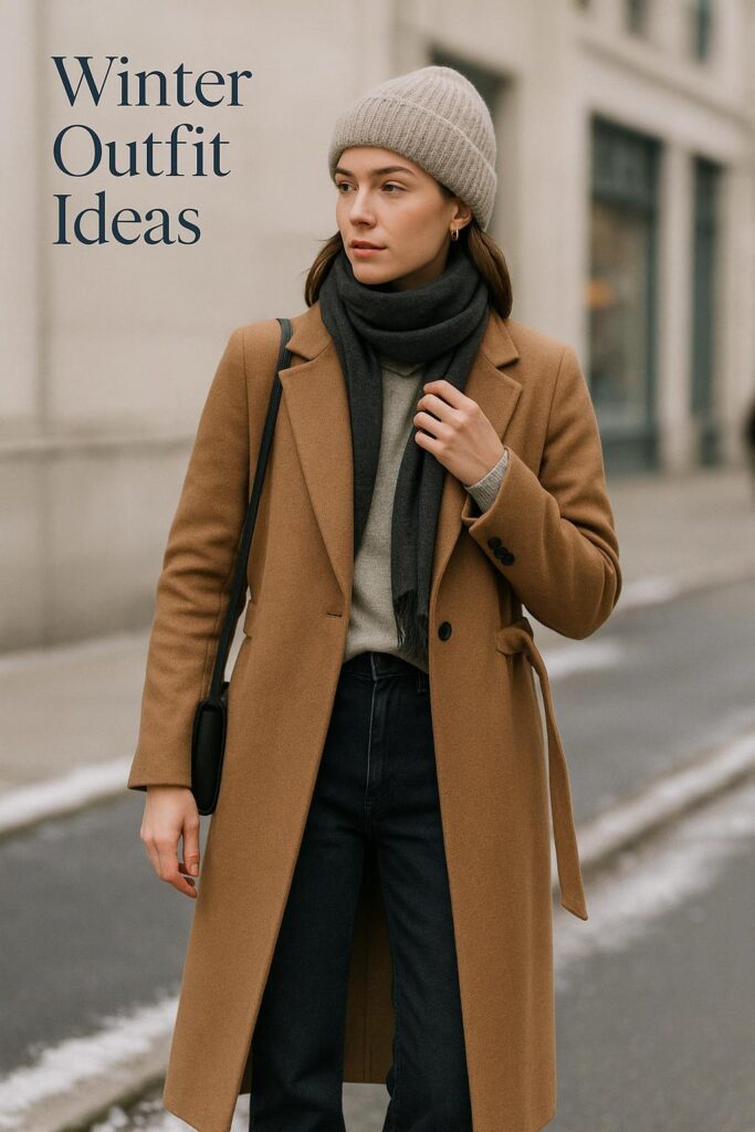 Minimalist winter outfit ideas with camel coat, jeans and scarf on a quiet city street