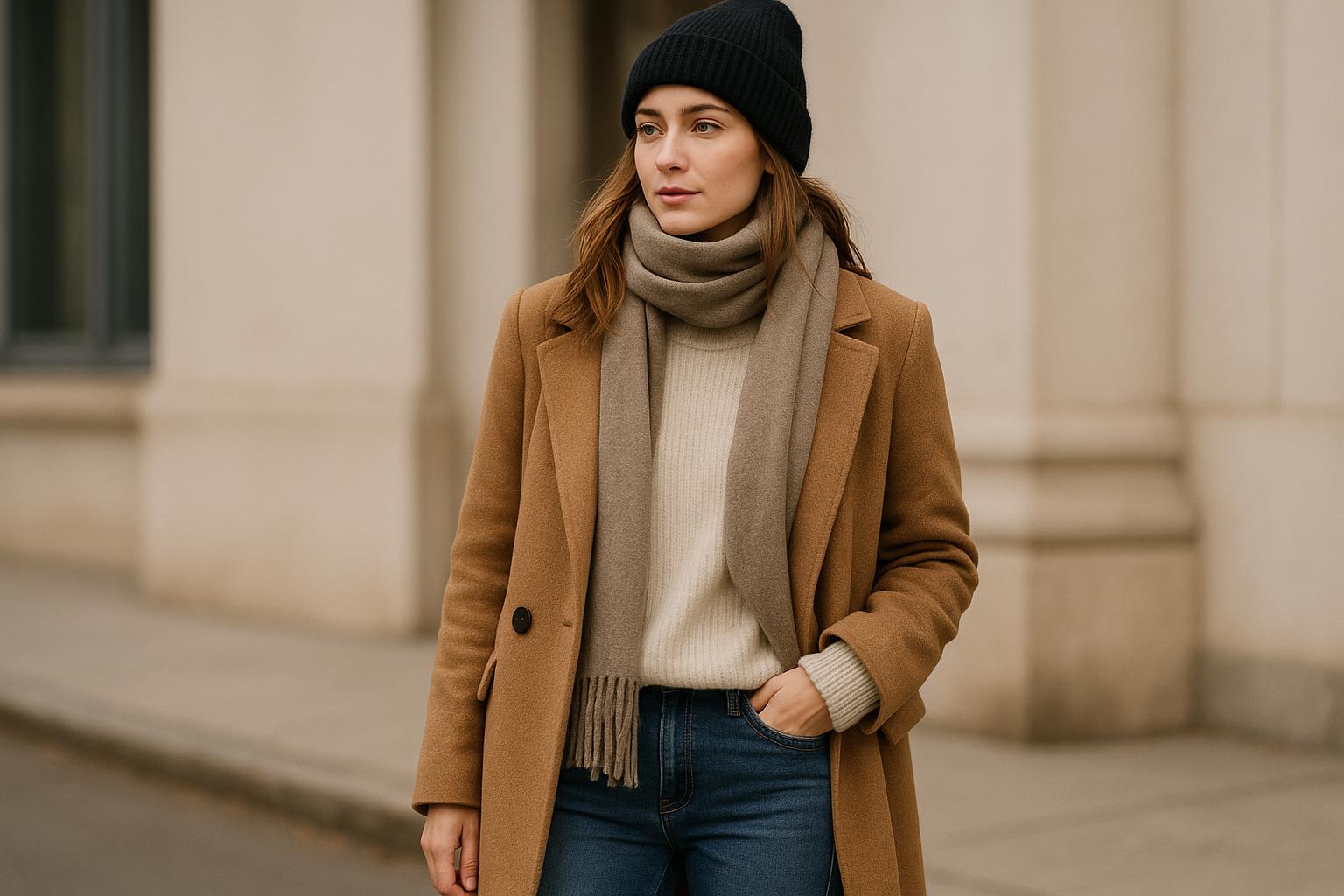 chic Winter outfits ideas featuring a wool coat, jeans and ankle boots on a snowy city street