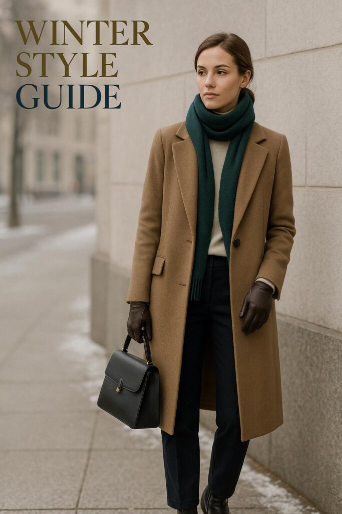 Chic winter fashion outfit with camel wool coat, layered turtleneck and ankle boots on a city sidewalk