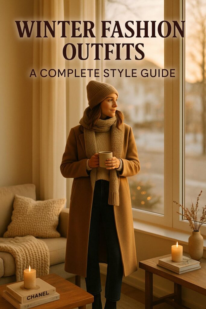 Stylish woman in camel coat and jeans enjoying coffee in cozy winter fashion outfit by a sunlit window