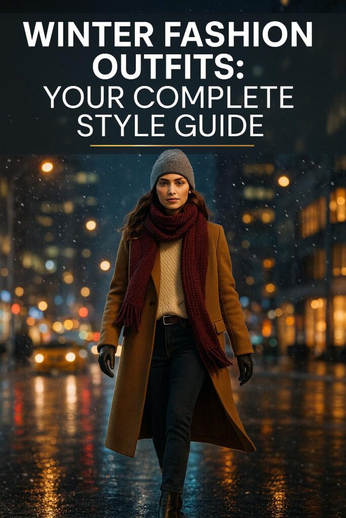 Stylish woman in camel coat and jeans walking through snowy winter city street at night