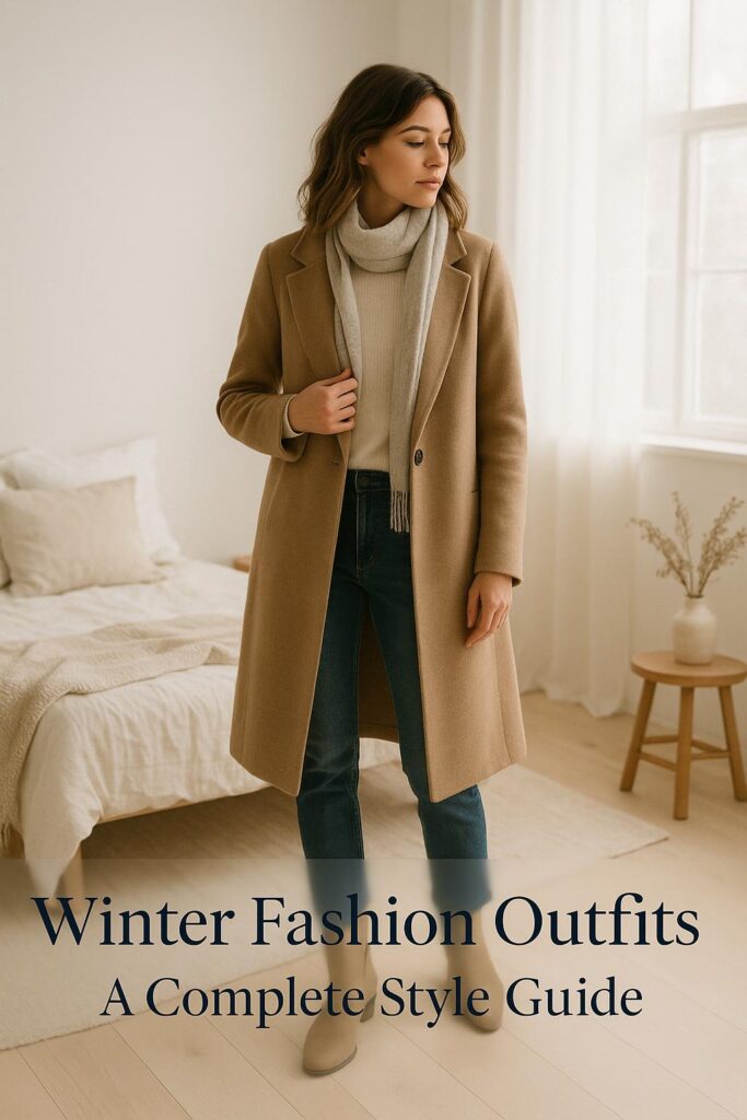 stylish woman in layered winter fashion outfit with camel coat and dark jeans in bright neutral bedroom