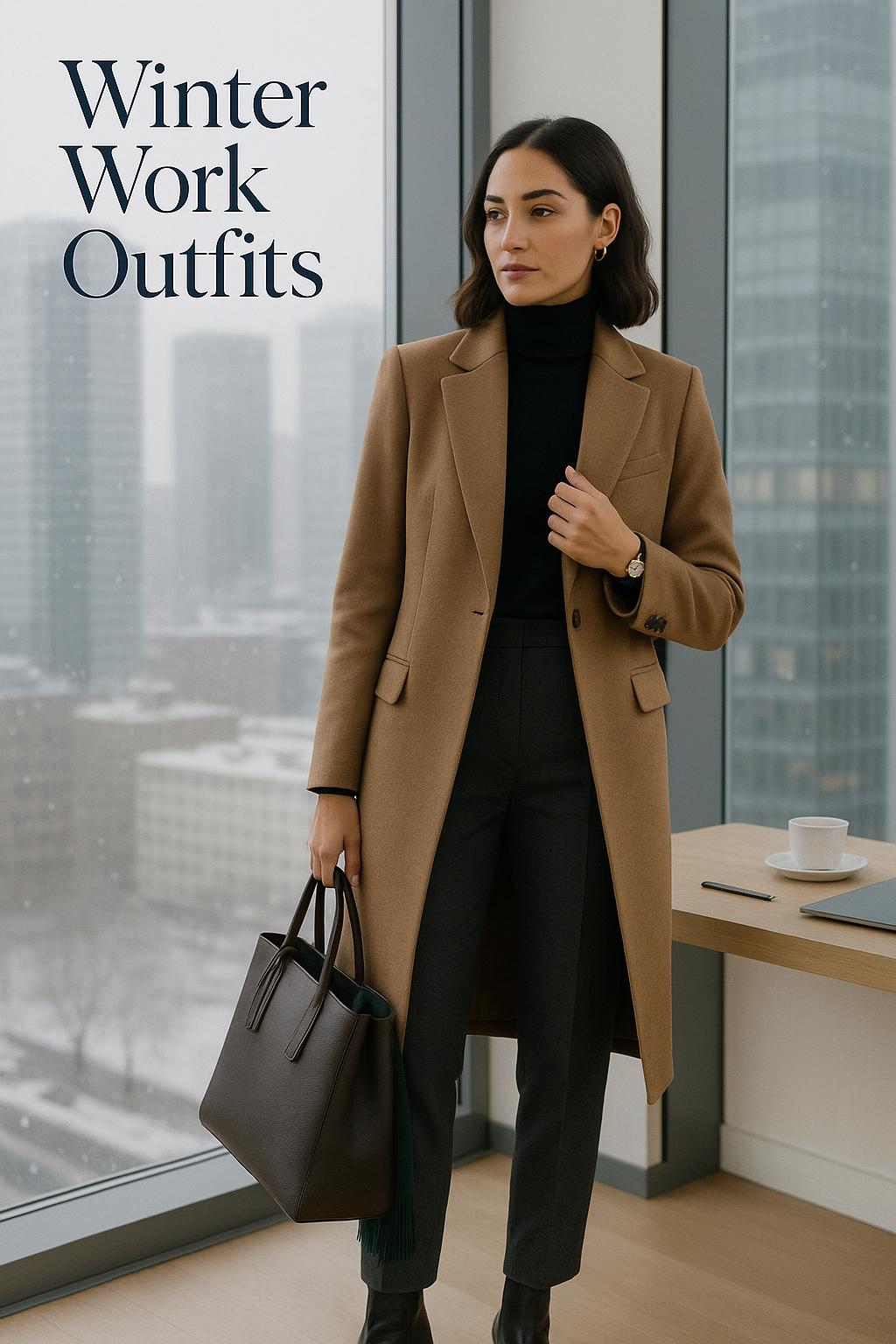 Minimalist editorial photo of a stylish woman in a modern office showcasing winter work outfits