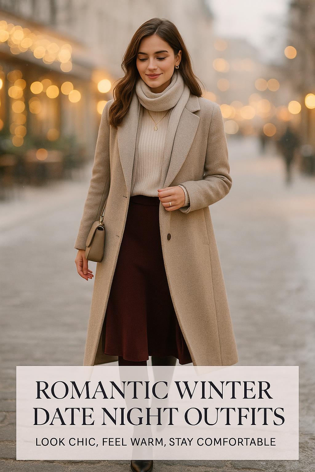 Chic winter date night outfit with woman in long wool coat walking down a softly lit city street