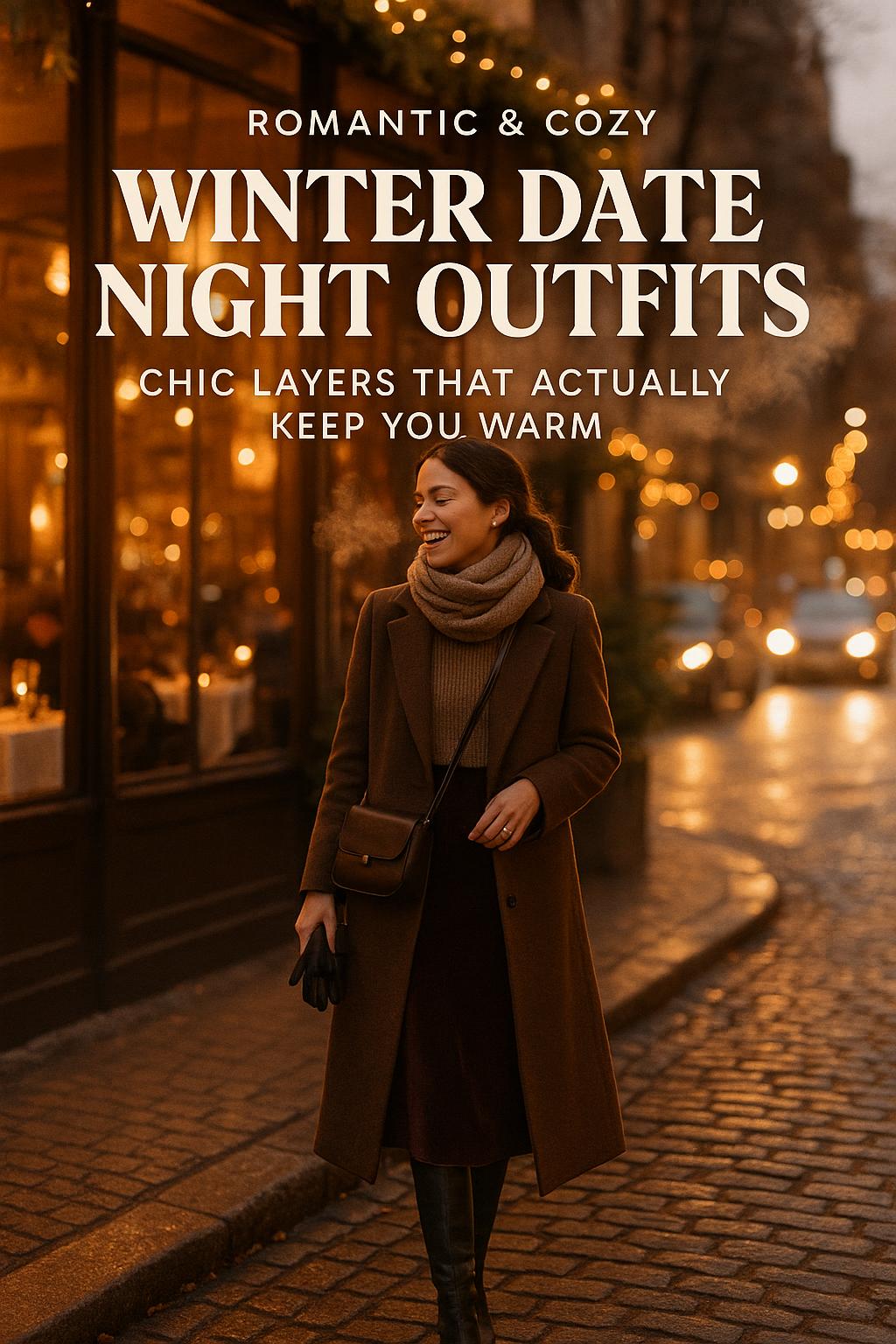 woman in chic winter date night outfit walking past cozy city restaurant at golden hour