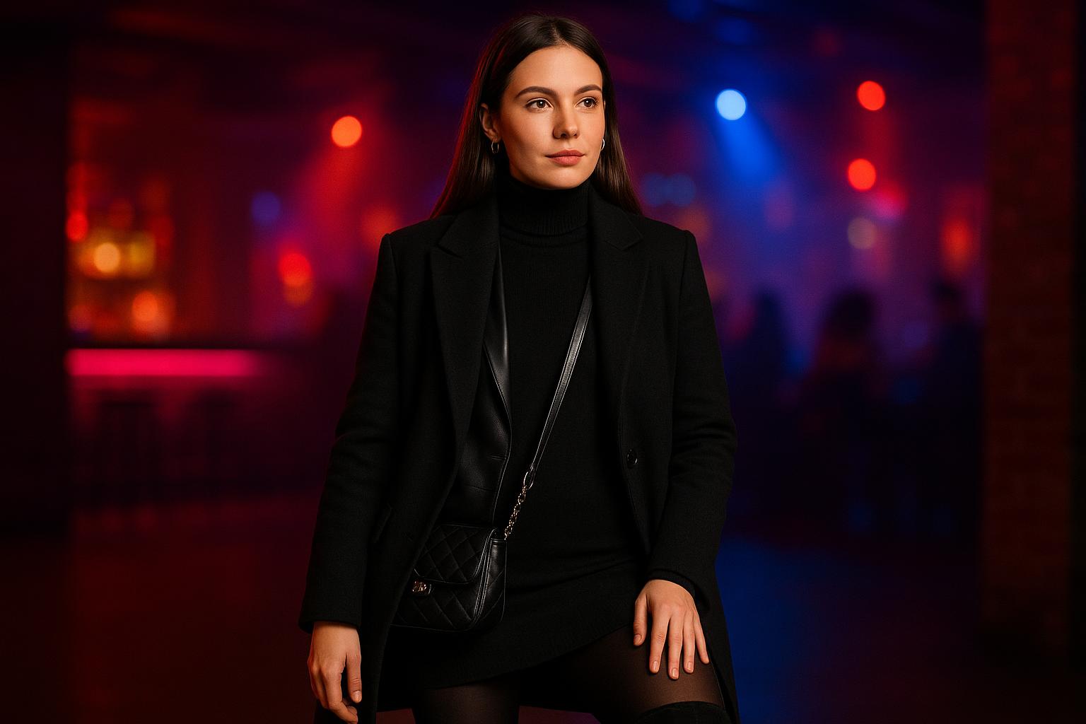 Stylish winter clubbing outfit with layered coat, tights, and boots outside a nightlife venue