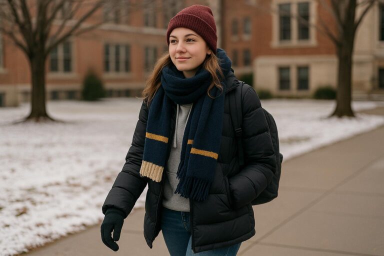 Student in layered winter college outfits walking across a snowy campus