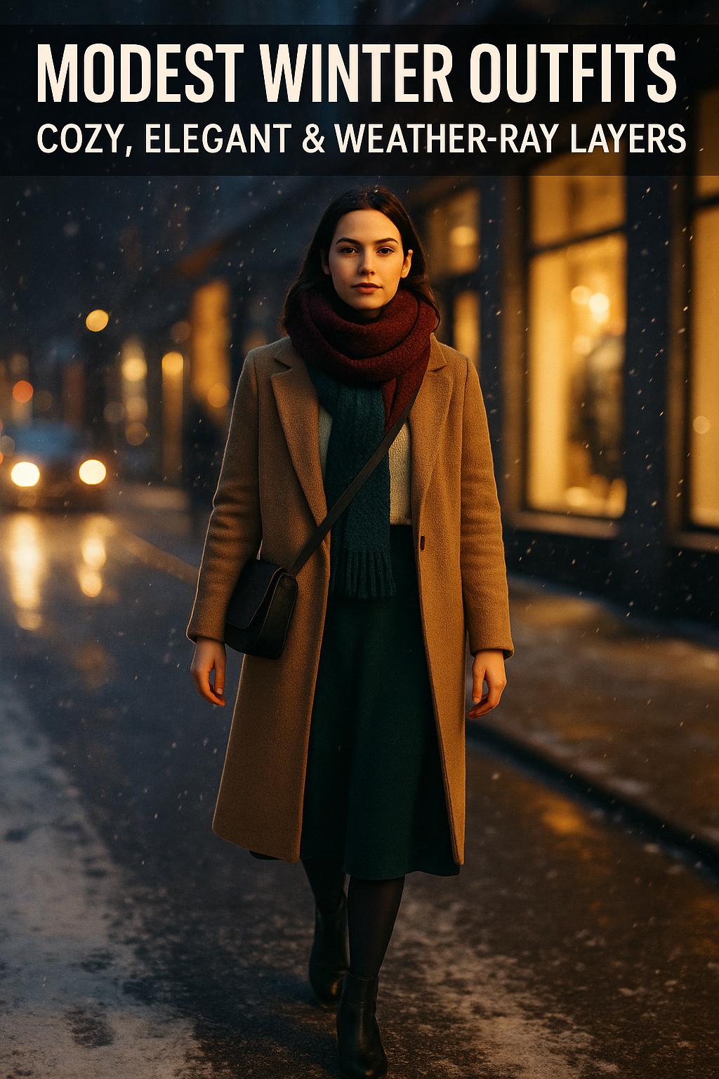 Chic modest winter outfits with long coat and warm scarf on snowy city street