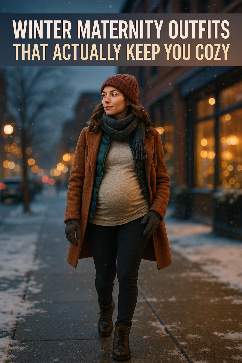 Cozy winter maternity outfits with a pregnant woman in a warm knit sweater and coat