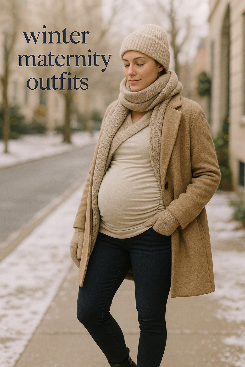 Calm pregnant woman in layered winter maternity outfits on a snow-dusted city sidewalk