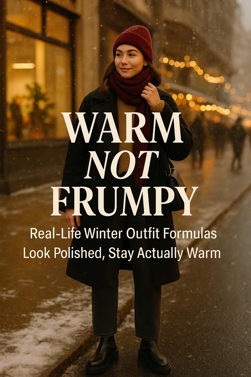 Stylish winter street style outfit photo with warm not frumpy Pinterest text overlay