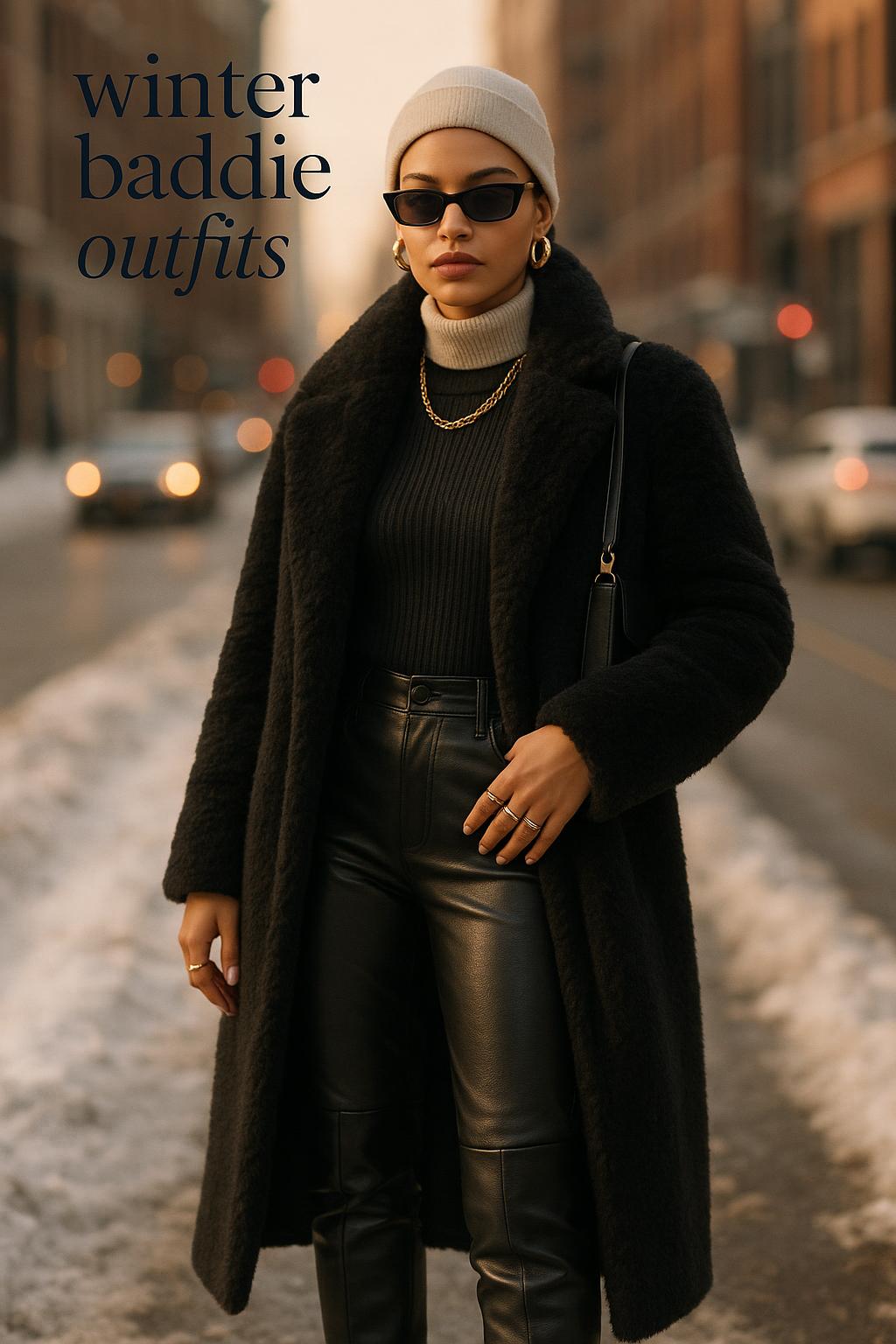 winter baddie outfits street style in a snowy city at golden hour