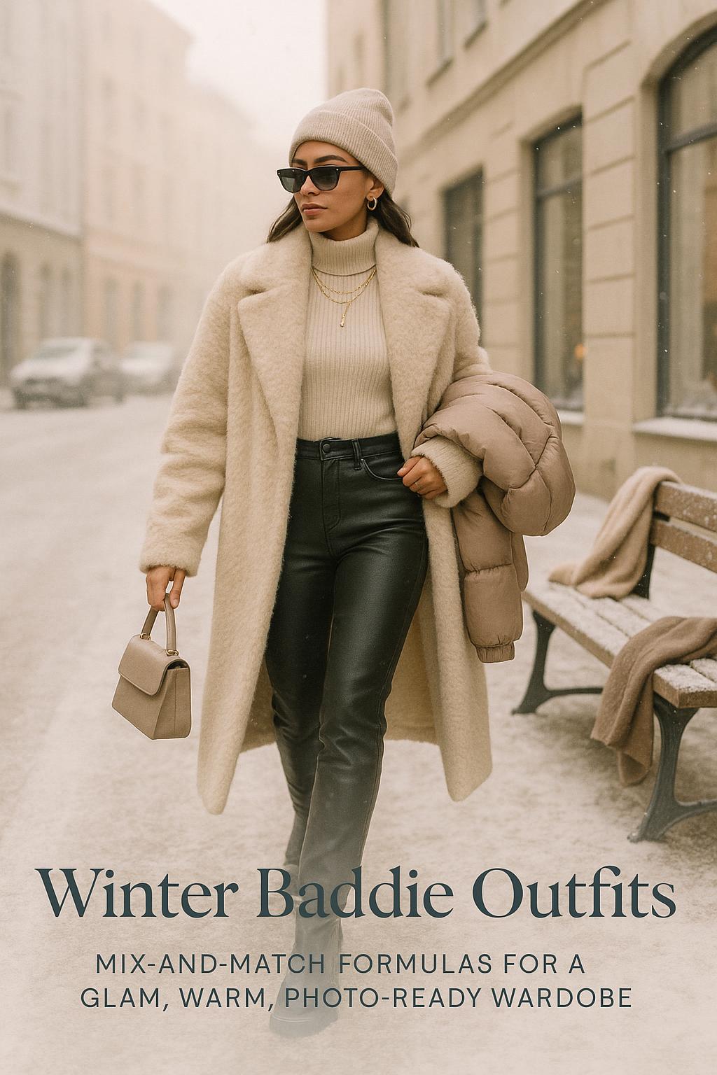 stylish woman in winter baddie outfits walking on a snowy urban street
