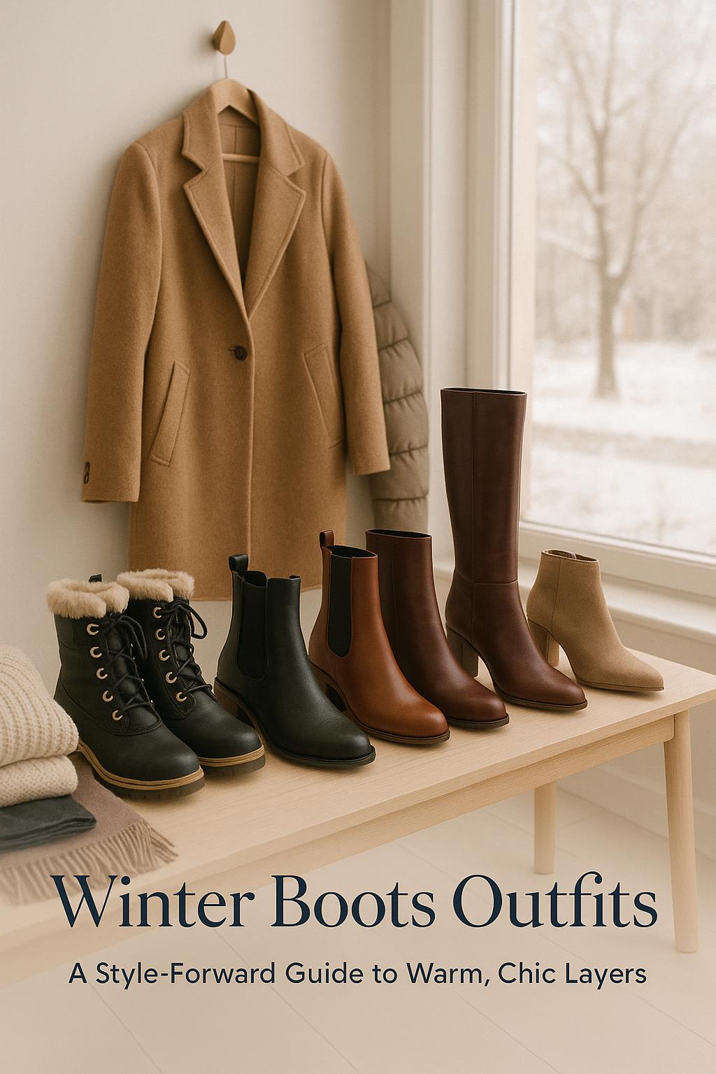 winter boots outfits styled in a bright cozy entryway with chic neutral layers
