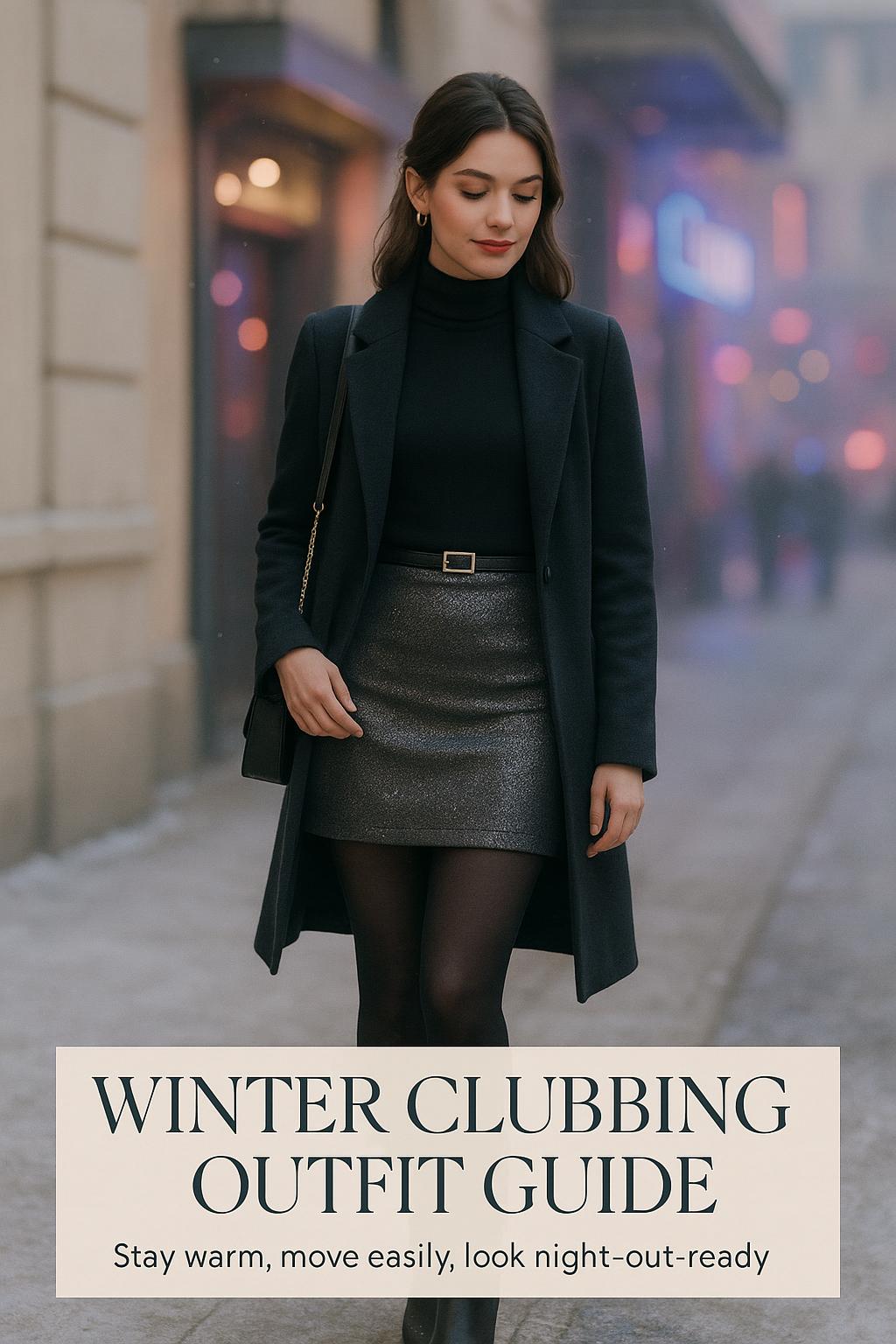 Stylish winter clubbing outfit with navy coat and sequin dress on a city sidewalk at dusk