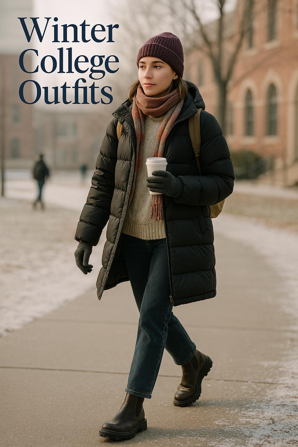 Stylish student in layered neutrals walking across a frosty campus showcasing winter college outfits