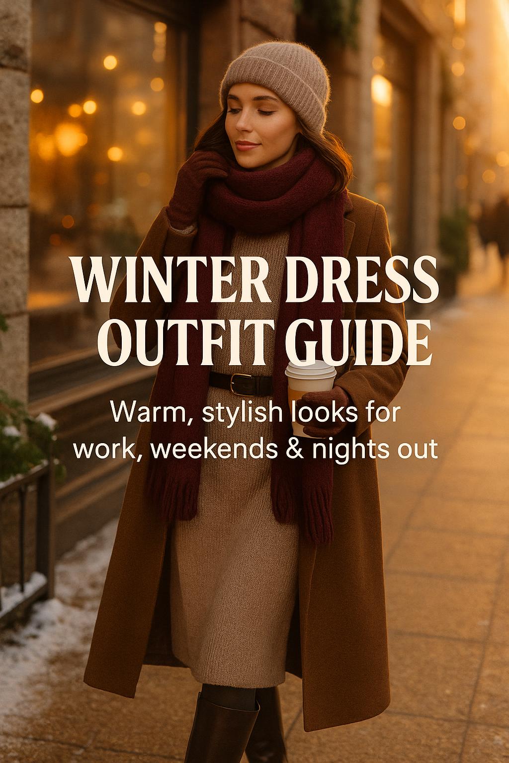 Stylish winter dress outfit with camel coat and scarf on a cozy golden hour city street