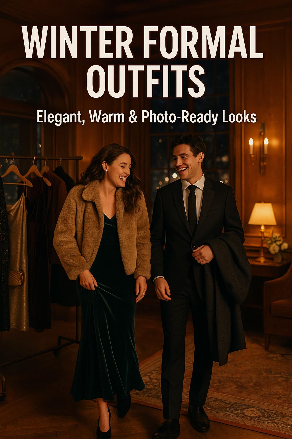 winter formal outfits for couples in a cozy boutique hotel lobby at golden hour