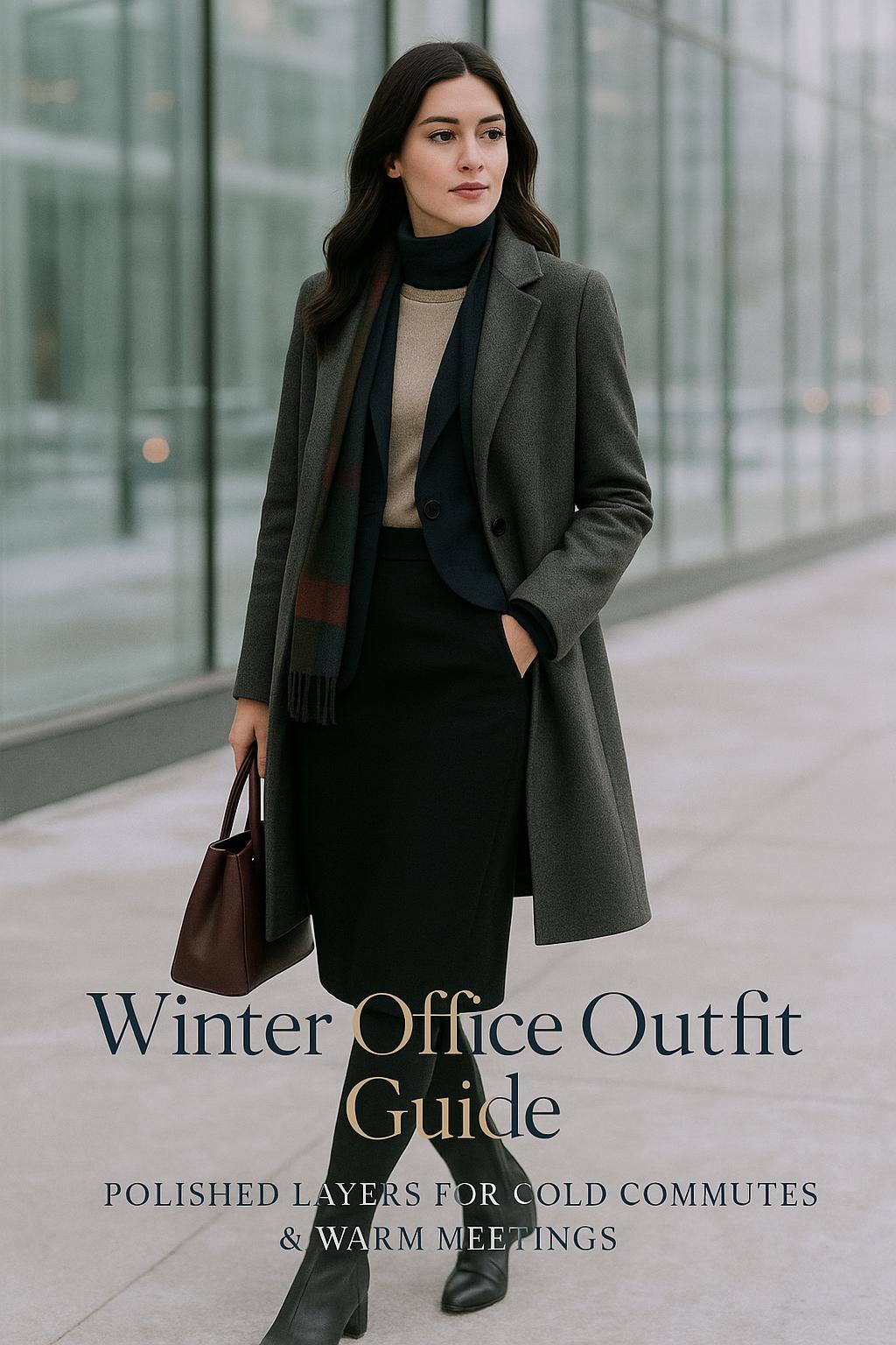 Stylish winter office outfit with layered wool coat and boots outside a glass-fronted city building