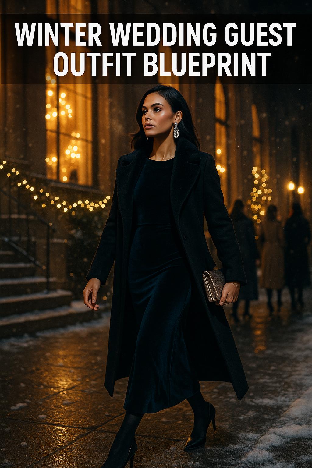 Elegant winter wedding guest outfit with long coat and heels