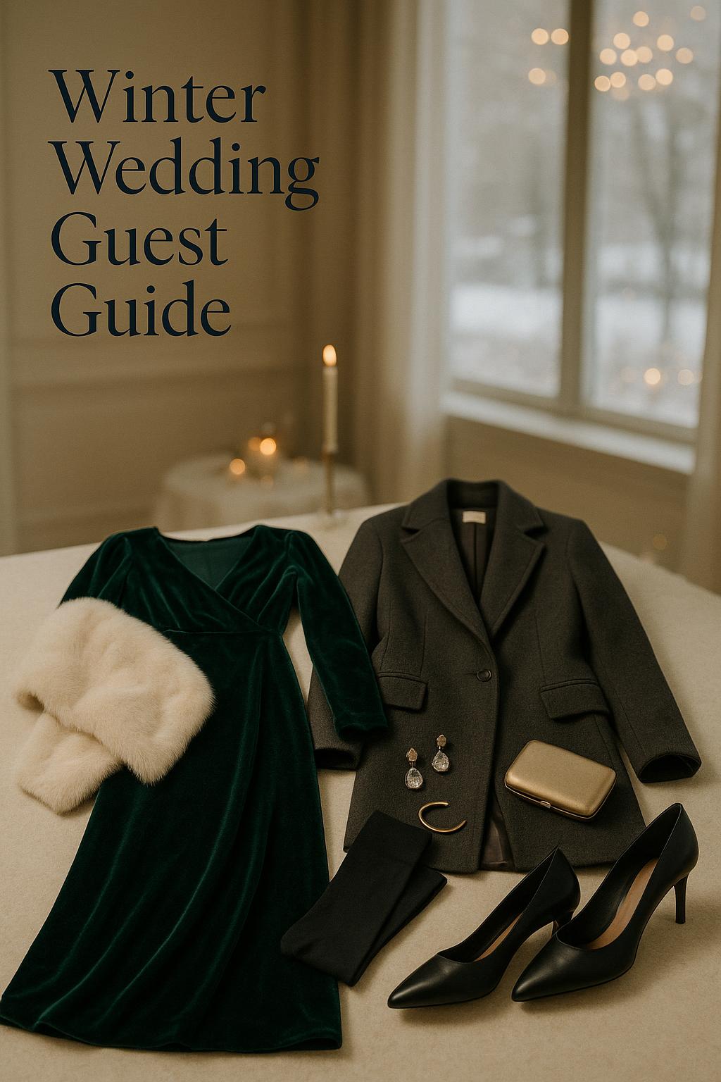 Elegant winter wedding guest outfit with velvet dress, wool coat and accessories in a chic ballroom setting