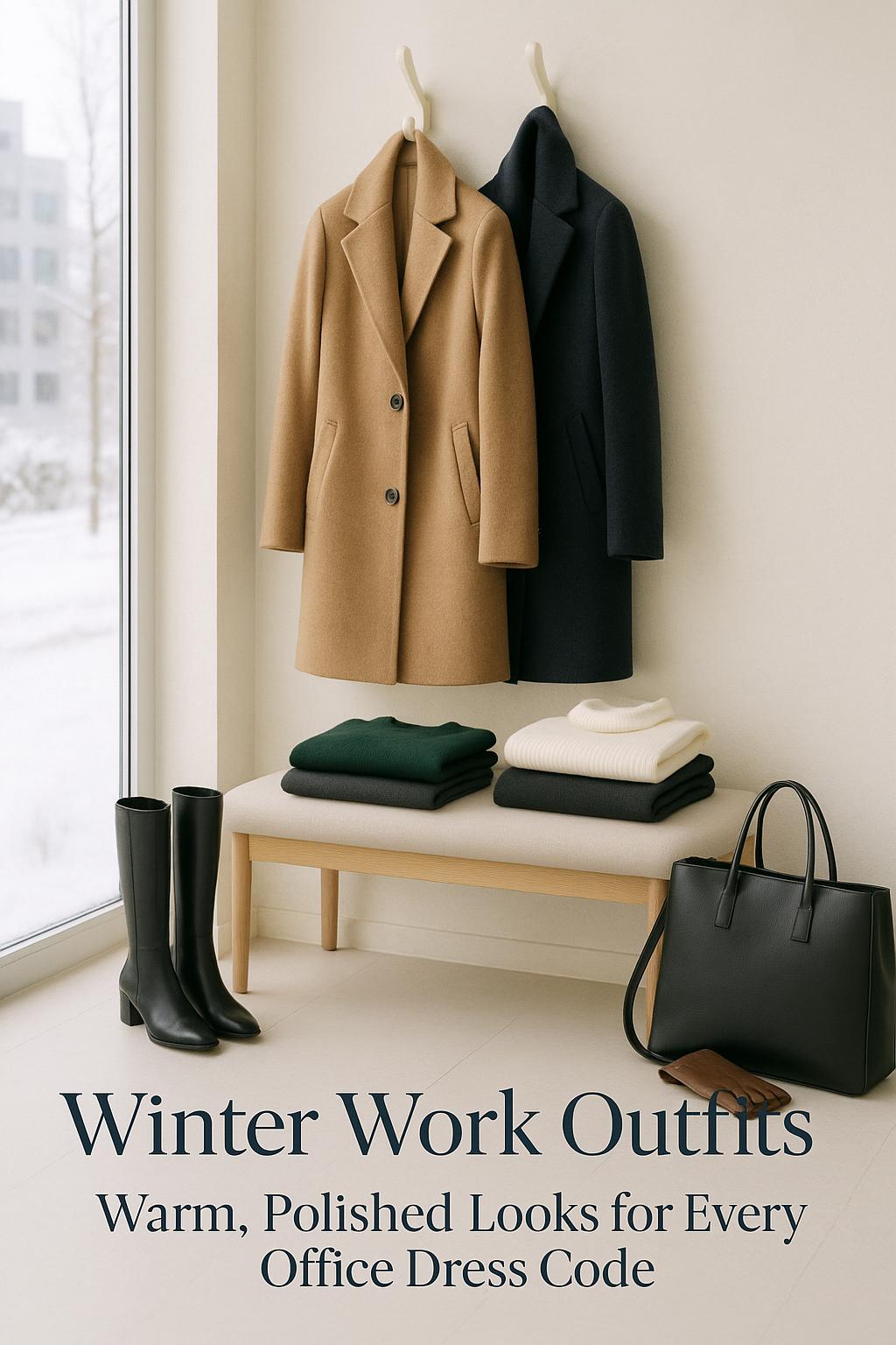 Winter work outfits styled with wool coats, cashmere knits, and leather boots in a bright minimalist office
