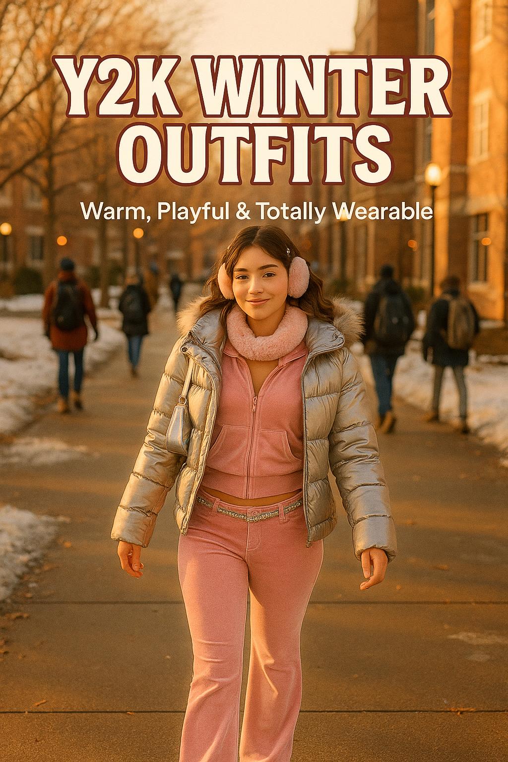 Stylish college student modeling Y2K winter outfits on a sunny campus sidewalk