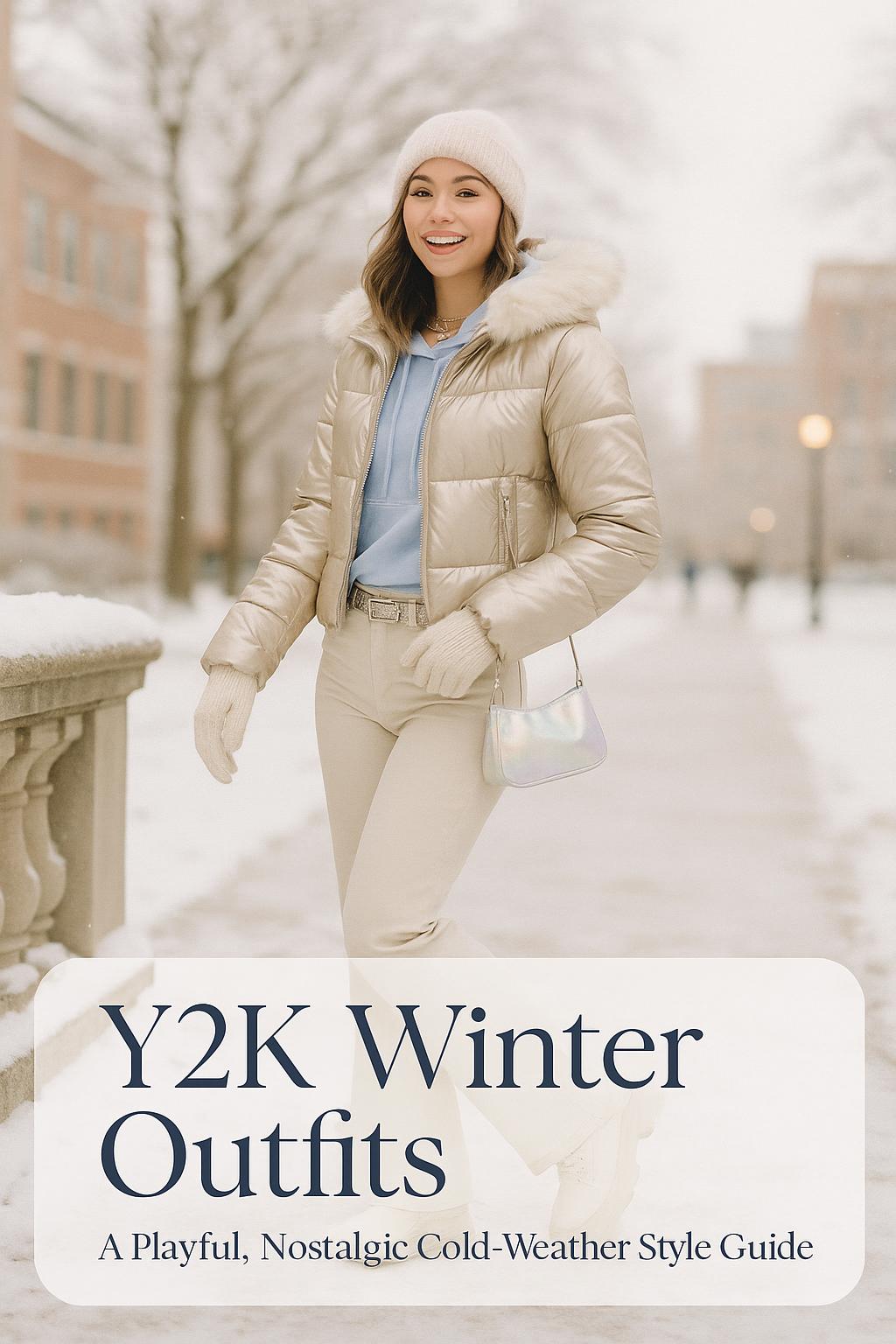 Stylish college girl in metallic puffer jacket showcasing chic Y2K winter outfits on a snowy campus