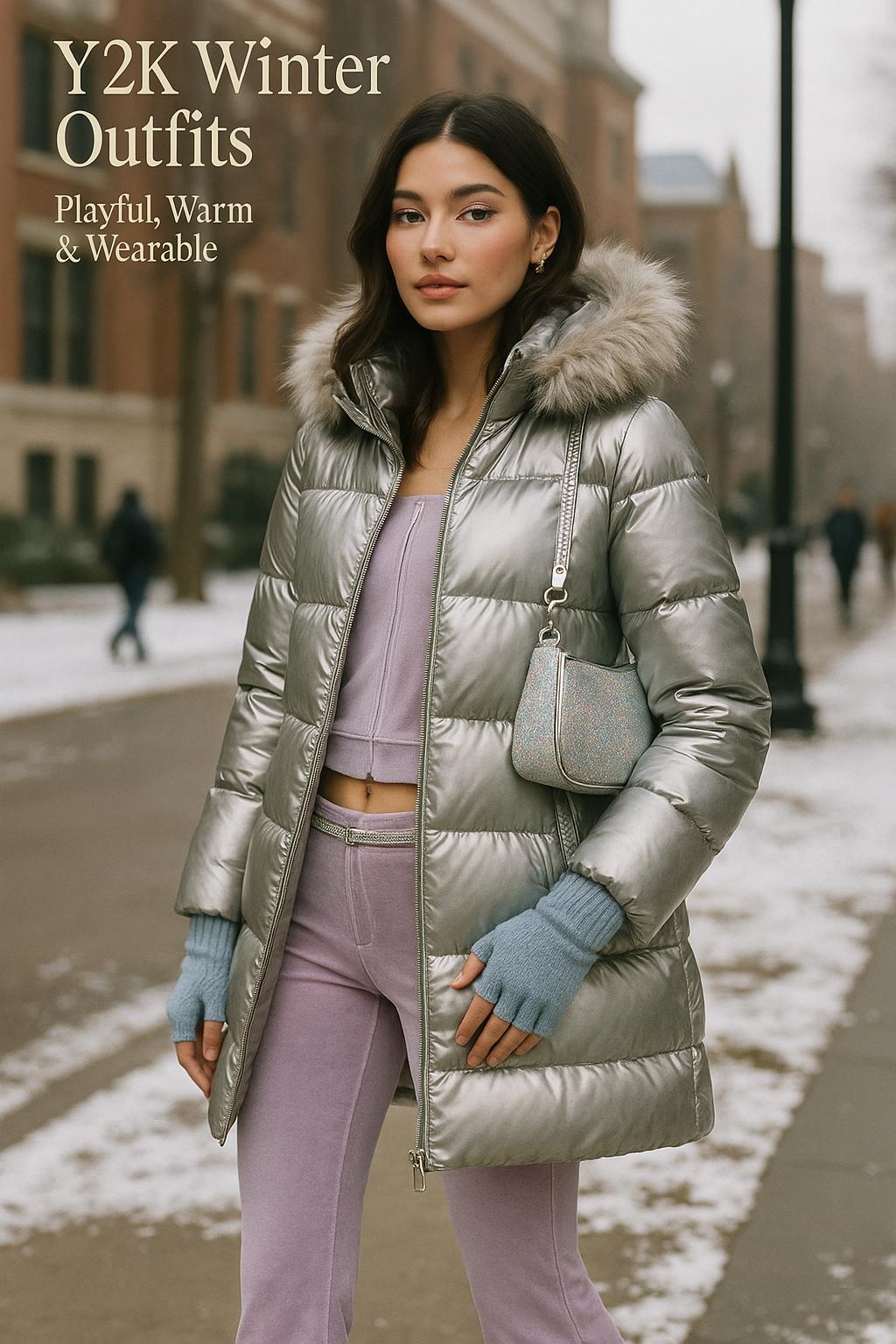 Stylish woman in metallic puffer and lilac velour tracksuit showcasing Y2K winter outfits on a snowy campus street