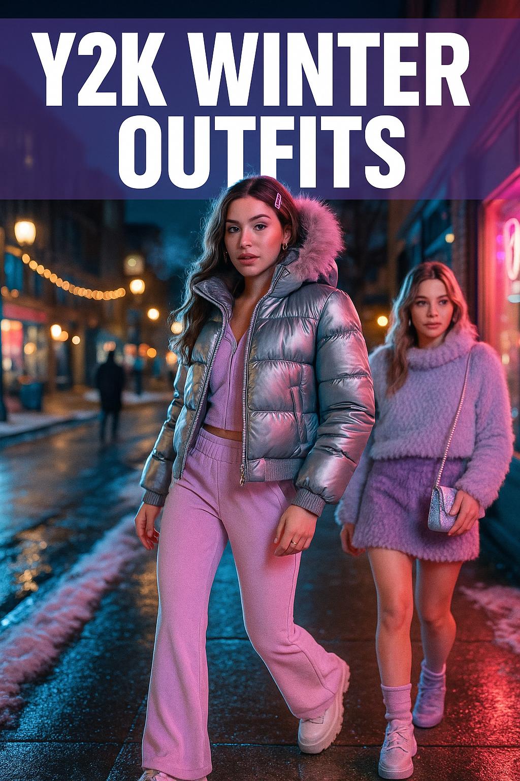 Trendy y2k winter outfits with layered streetwear and faux fur coat