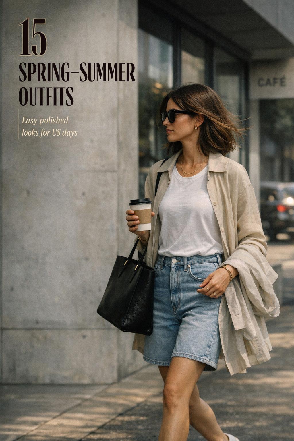 Spring summer outfits text overlay on a stylish woman walking in a modern US city with coffee and tote, moody light
