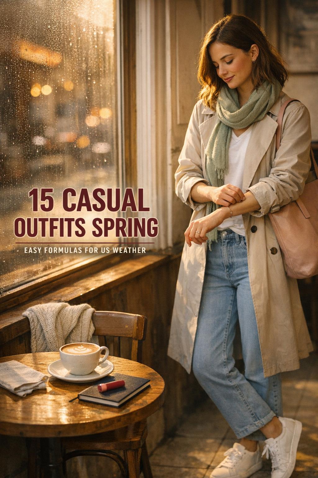 Casual outfits spring photo of woman in beige trench and sneakers in a cozy cafe with latte art and golden-hour light