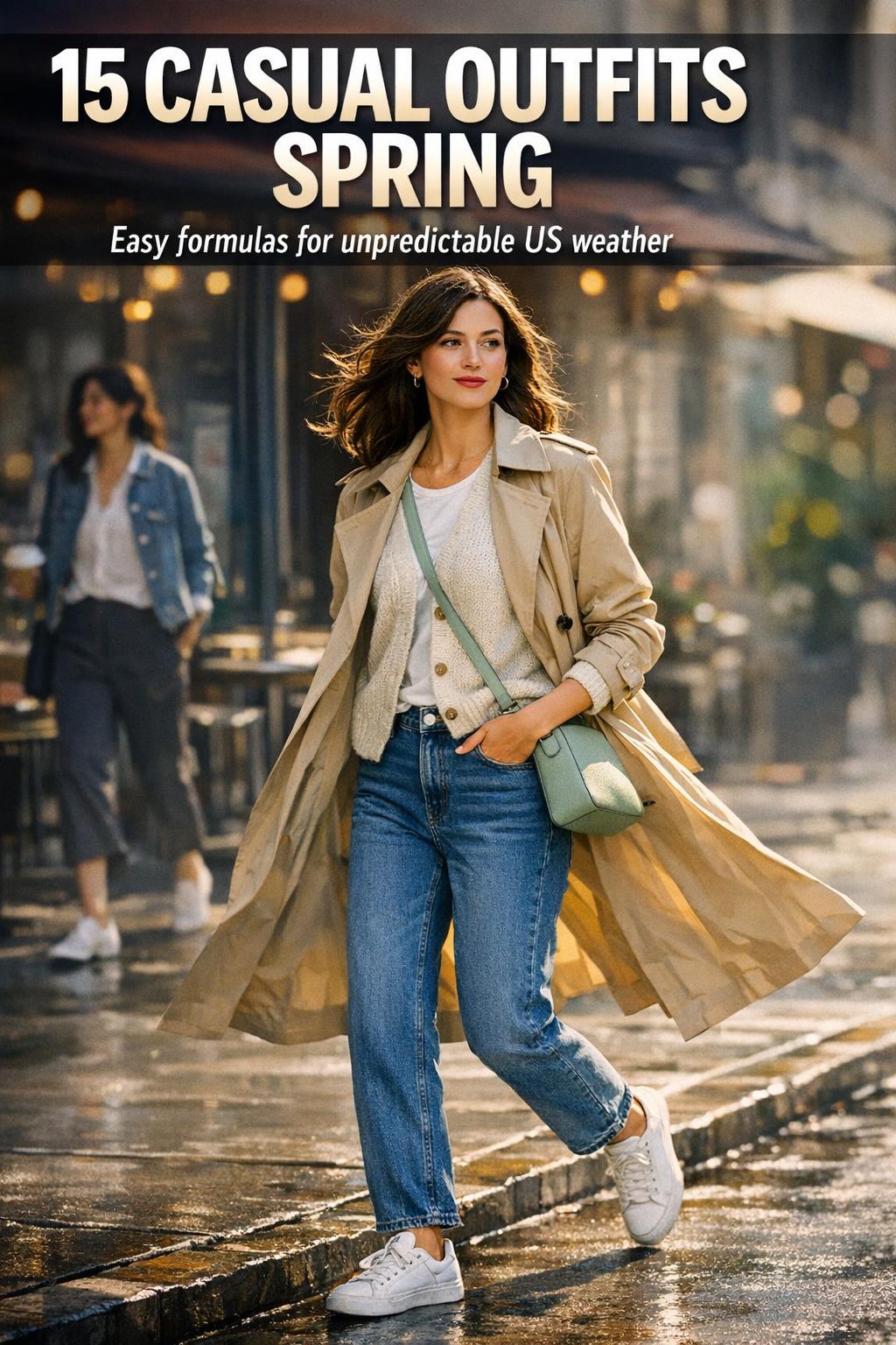 Casual outfits spring look with light jacket, jeans, and sneakers on a sunny city street