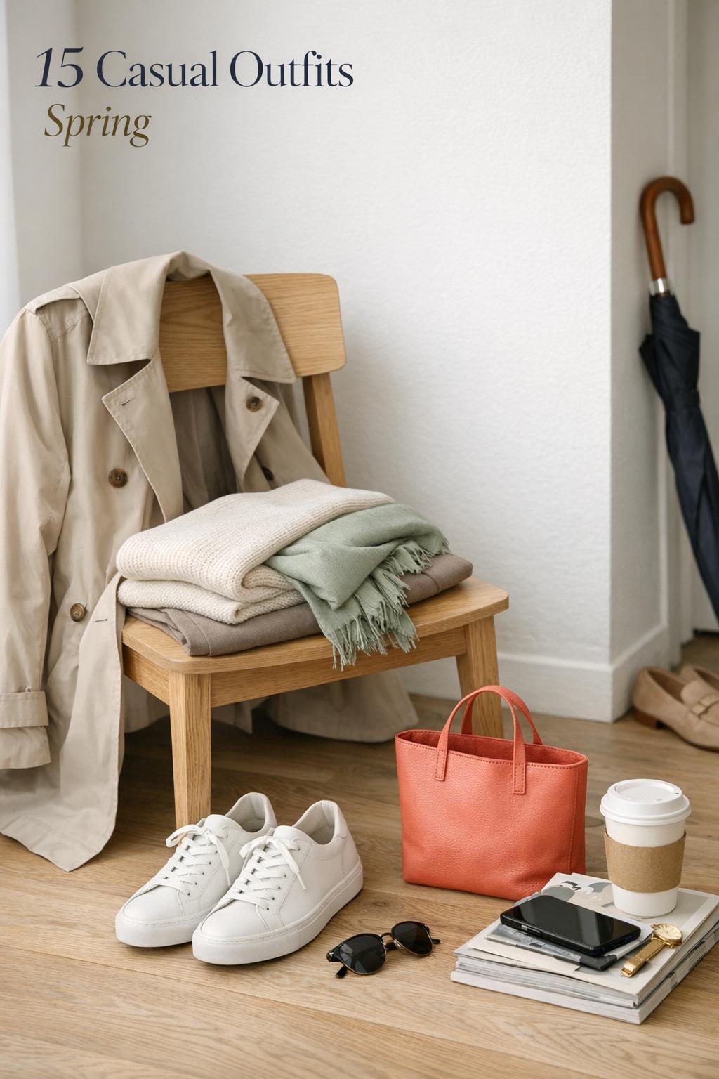 Casual outfits spring flat lay with beige trench, white tee, light denim jeans, sneakers, umbrella and coffee in bright entryway