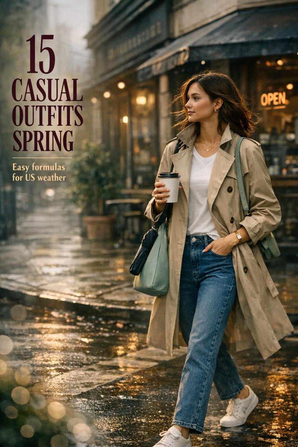 Casual outfits spring street style woman in trench coat and jeans with coffee on rainy urban corner, text overlay