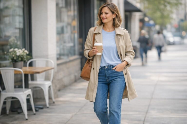 Casual outfits spring look with trench coat, straight jeans, white sneakers, and lightweight tee for everyday US weather
