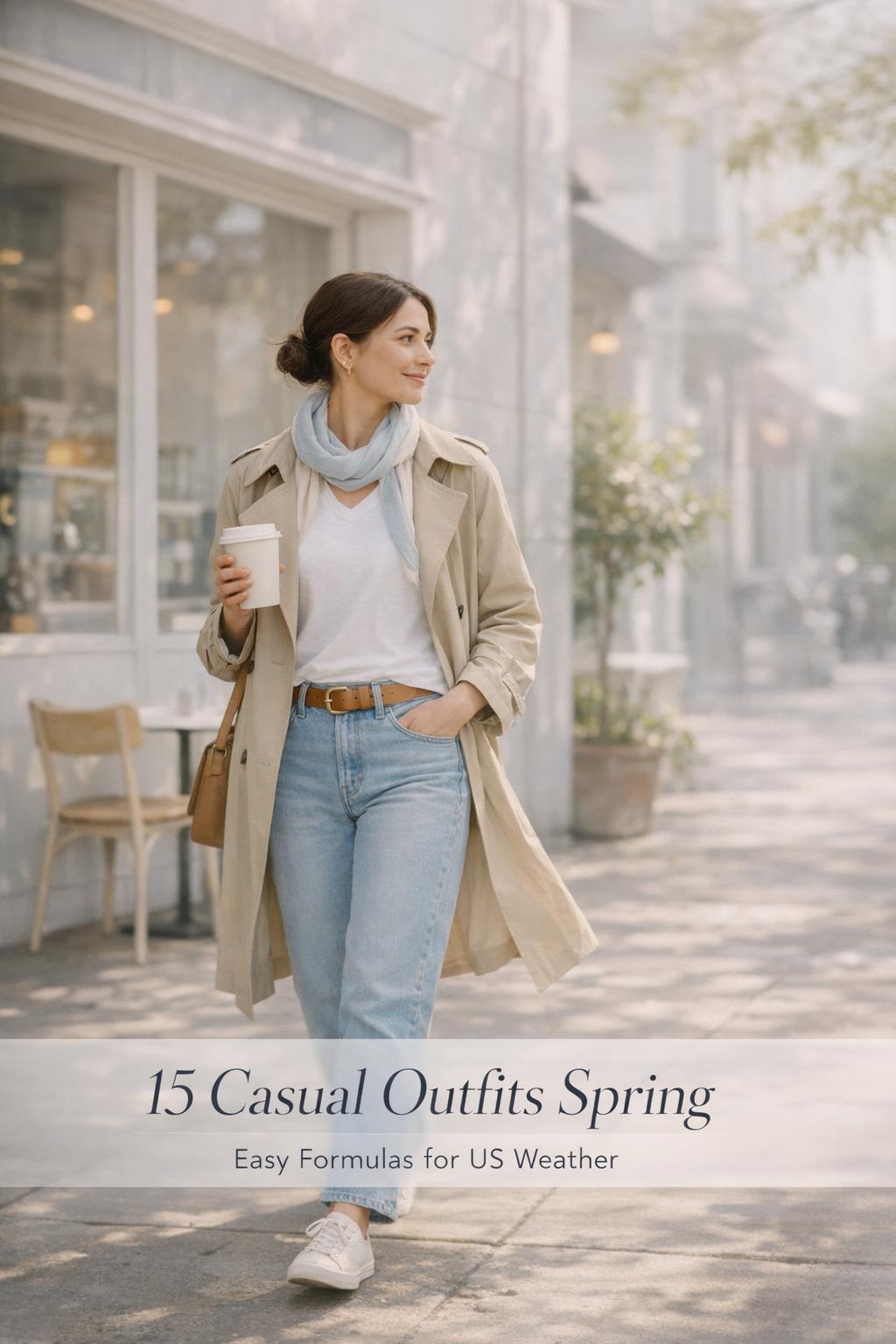 Casual outfits spring: woman in beige trench coat and jeans walking past a minimalist café with coffee on a bright morning