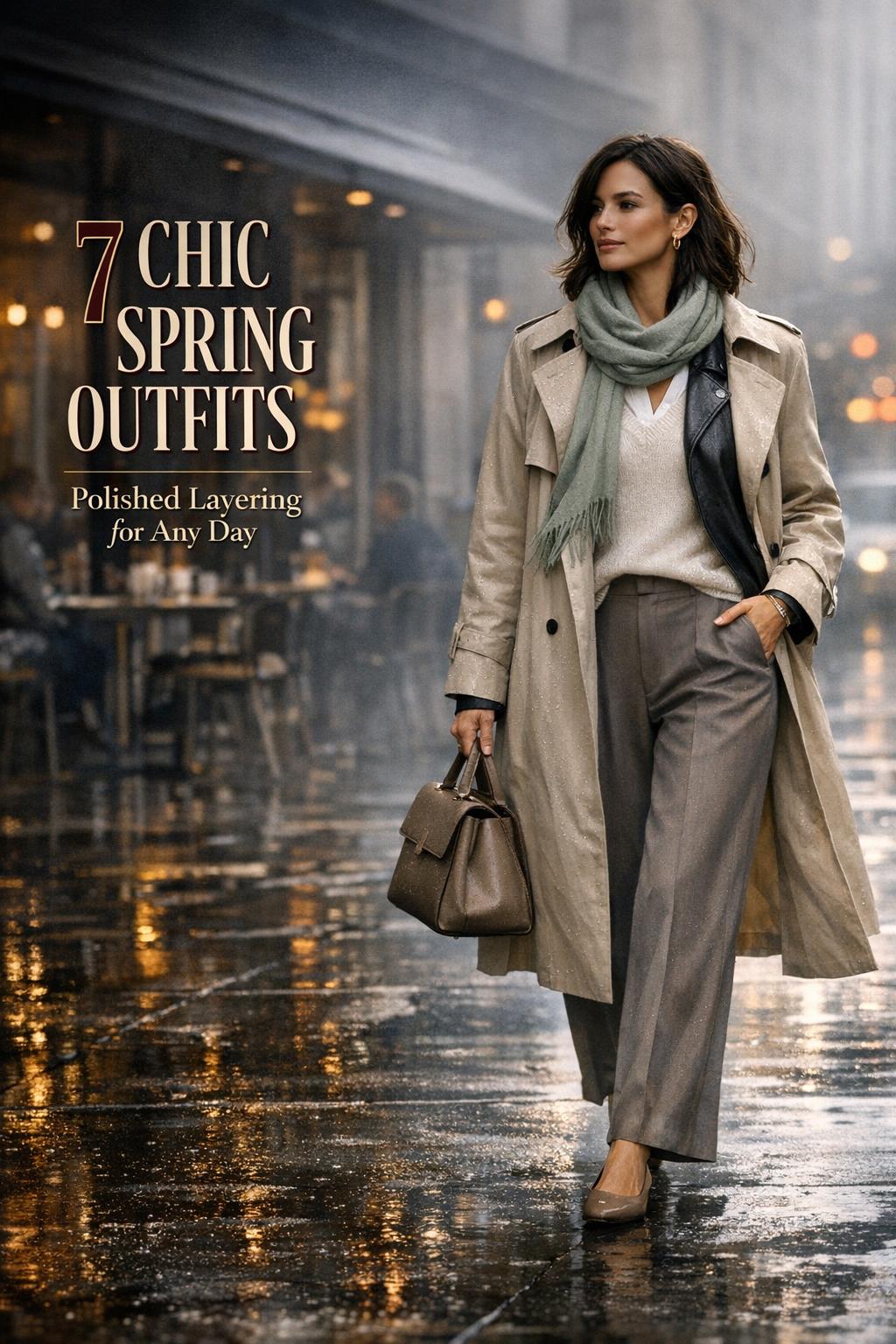 Chic spring outfits street style: woman in beige trench and wide-leg trousers walking on a rainy city street