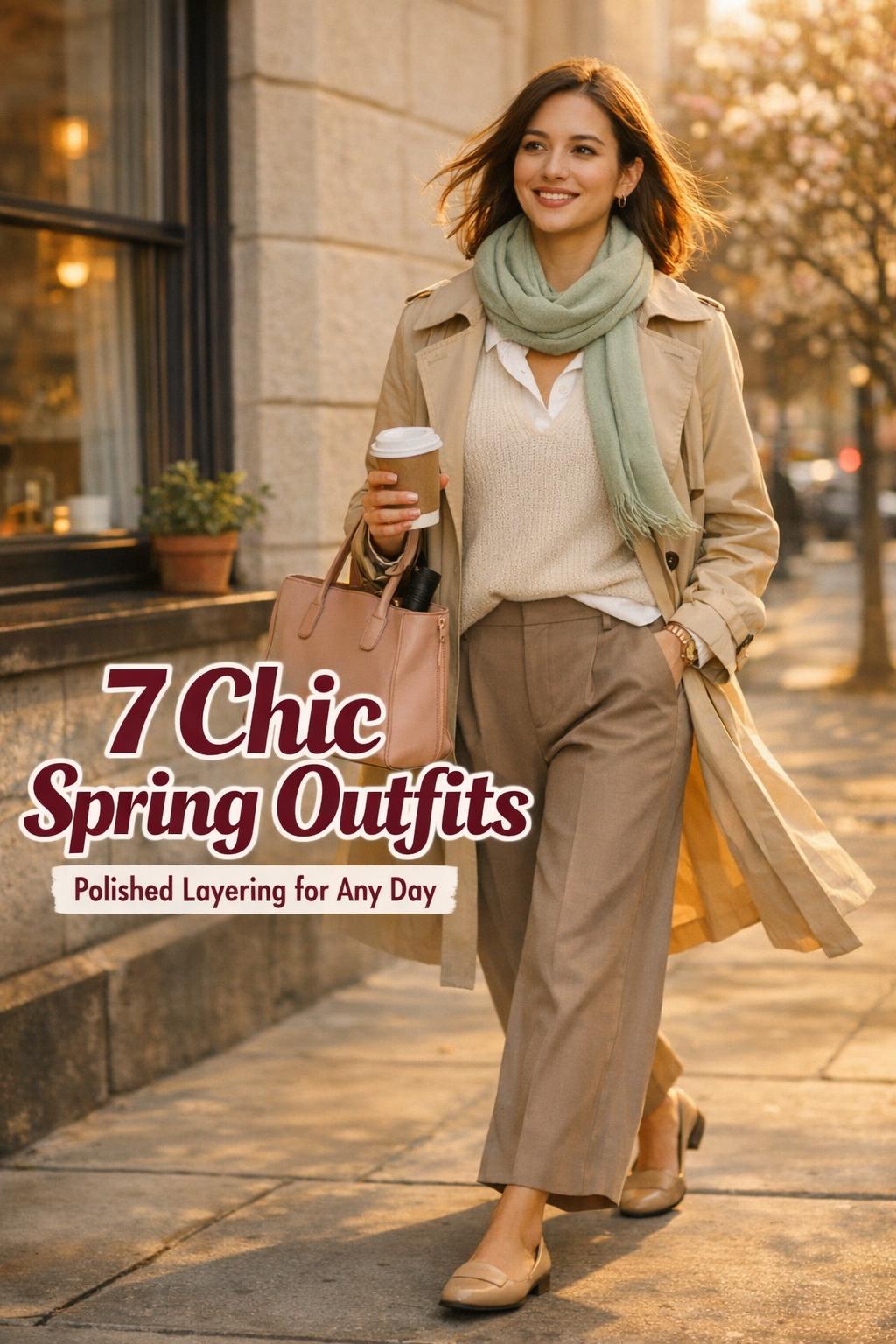 Chic spring outfits in golden-hour city street style, woman in beige trench coat with coffee by a cafe window