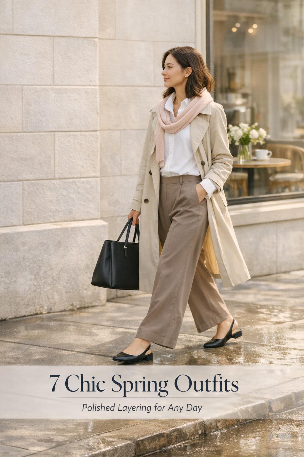 Chic spring outfits: woman in beige trench and taupe trousers walking by a city cafe on a bright spring day