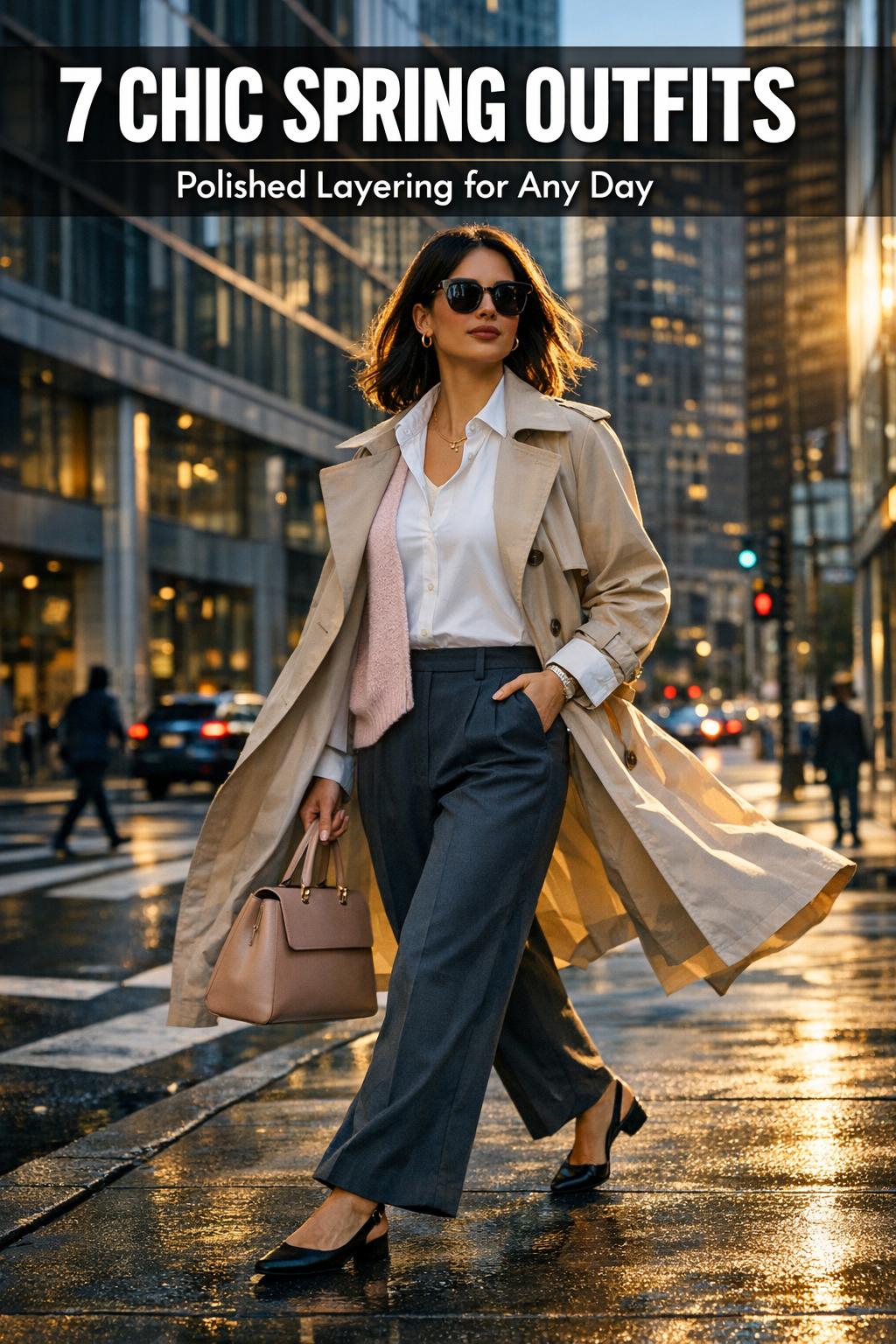 Chic spring outfits styled on a model in a bright city street, featuring a light trench coat, pastel dress, and sandals